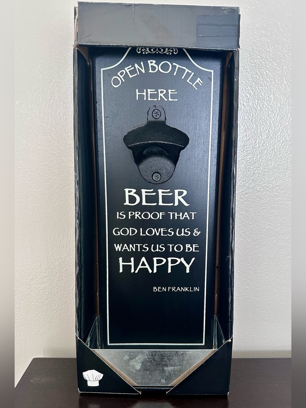 Black Wall-Mounted Bottle Opener with Quote
